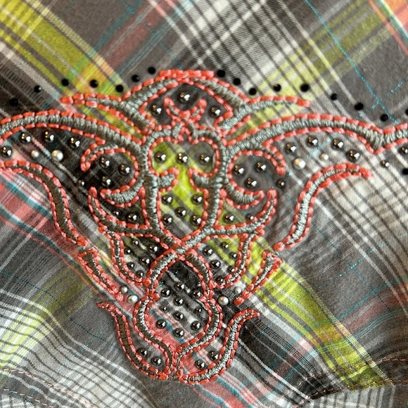 Wrangler Rock 47 snap western shirt steer yoke gray plaid bedazzle shoulder back - Picture 10 of 16